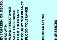 Evergreen or Decid., Growth, Wind Resistance Salt Tolerance, Cold Tolerance, Drought Tolerance, Flood Tolerance.